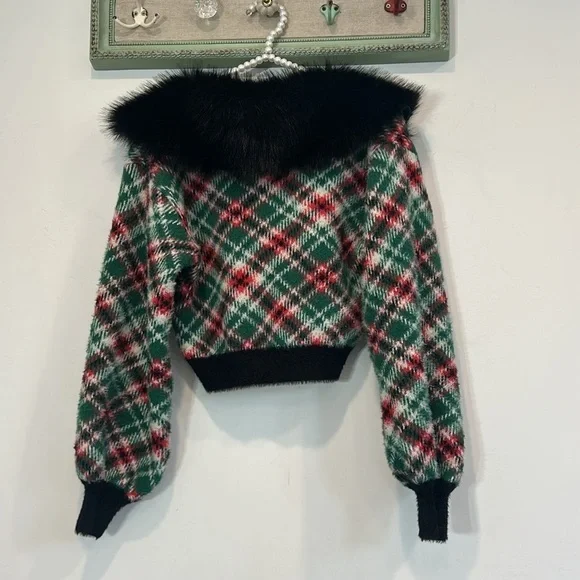 Sugar Thrillz Holiday Party Cardigan Sweater faux fur trim new size xs women’s - Picture 4 of 4